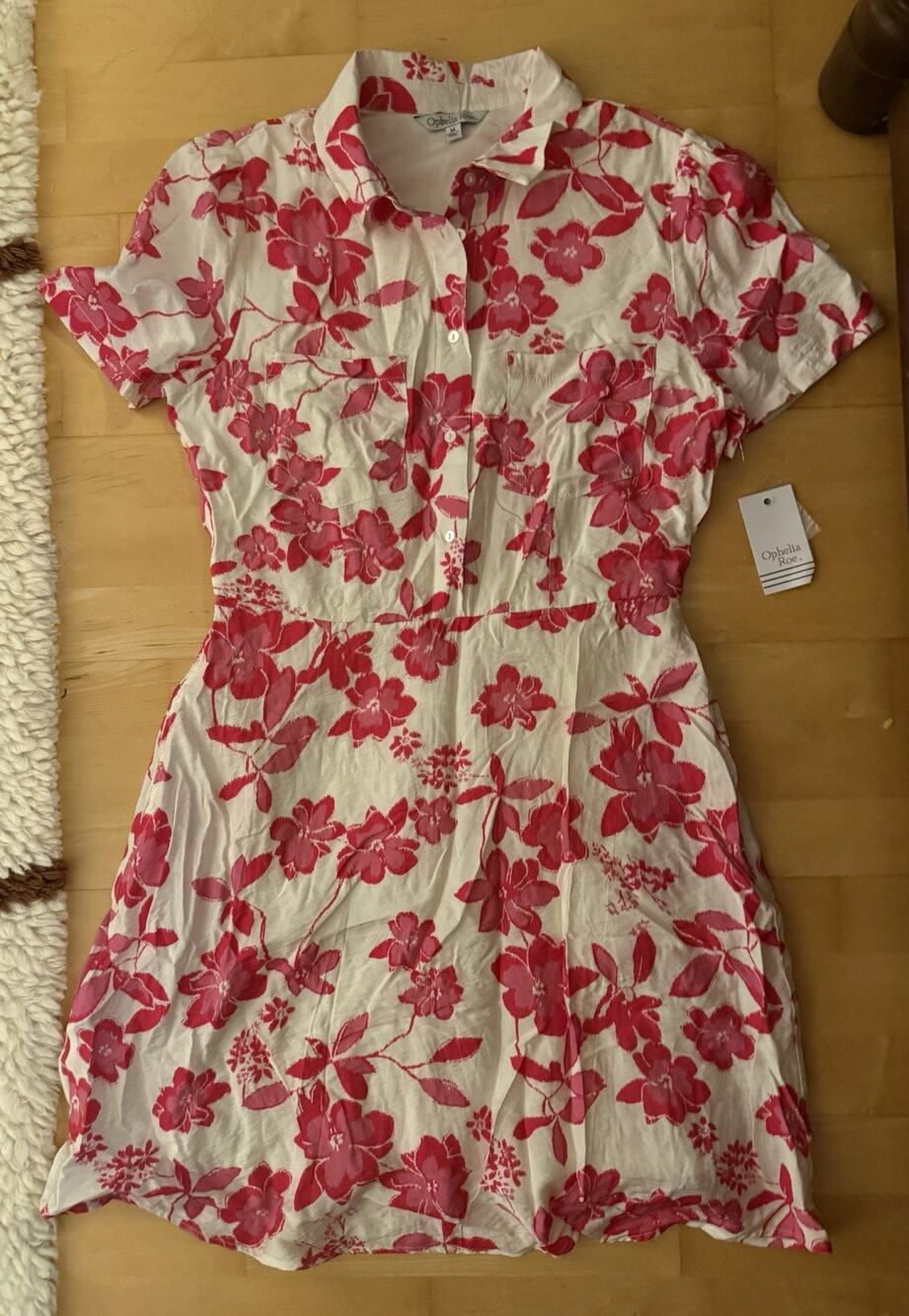 NWT Ophelia Roe Red White Floral Mini Shirt Dress Lined M